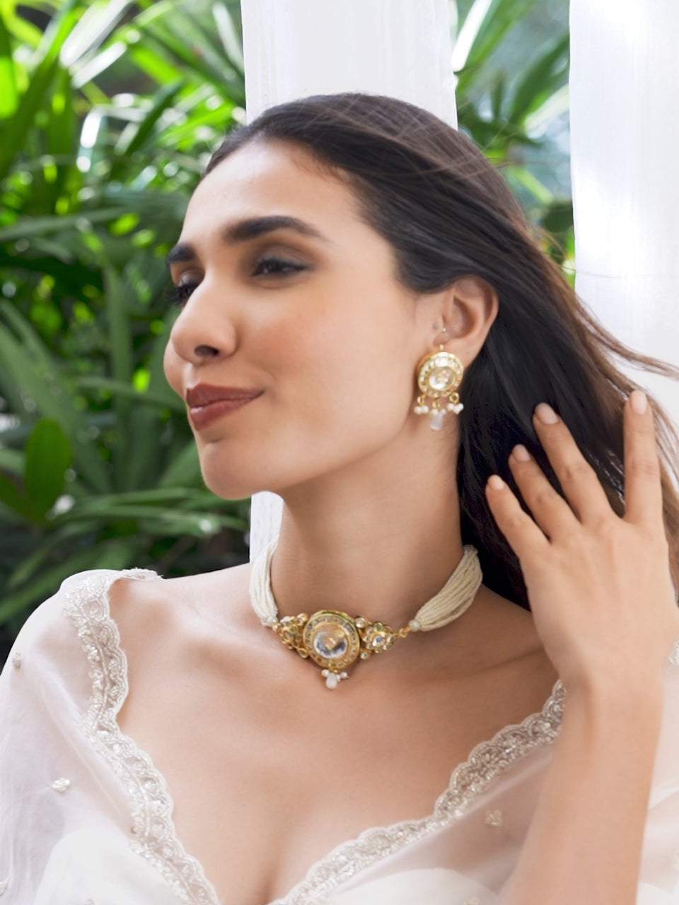 Gold plated Enamel And Kundan crystal with pearl beaded choker Necklace Set