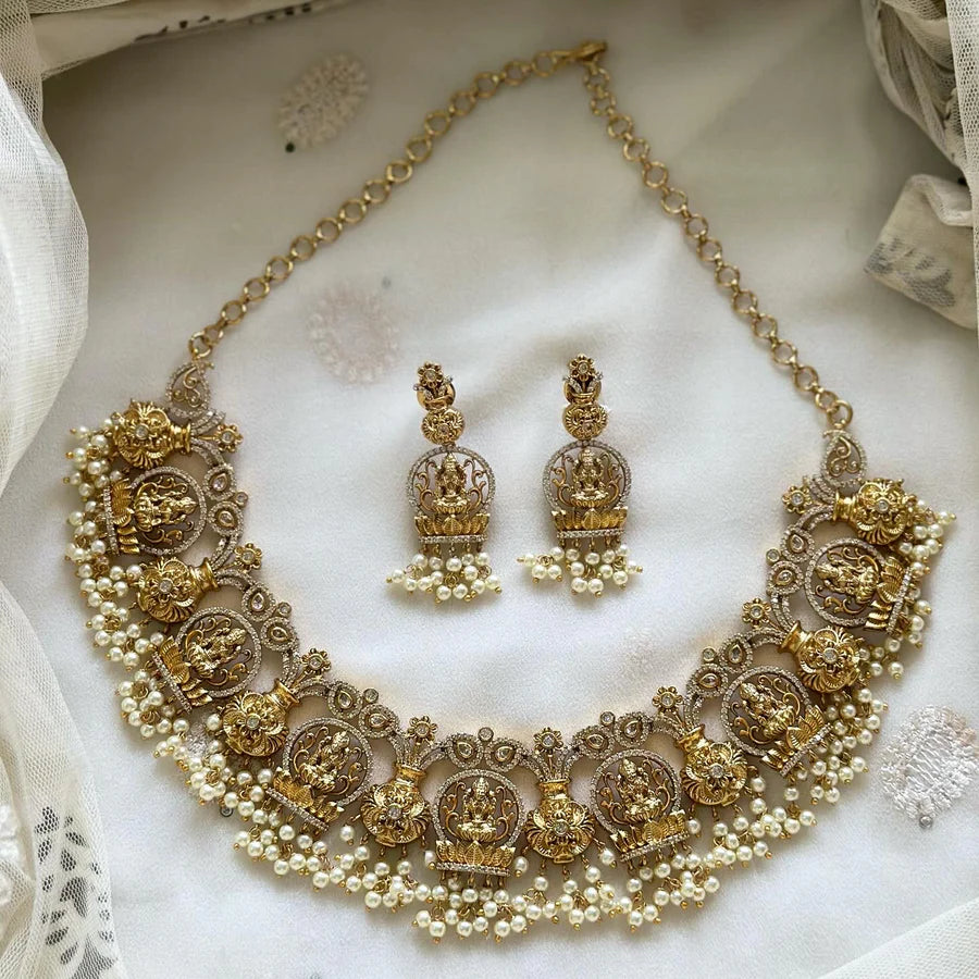 Antique white CZ laxmi flower pot  short set