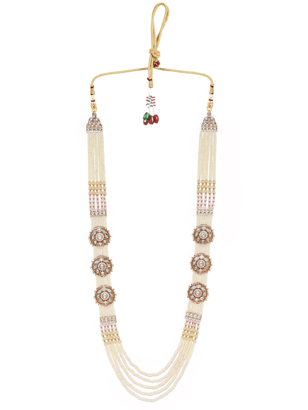 Gold toned AD & Kundan Studded cream pearl long necklace set