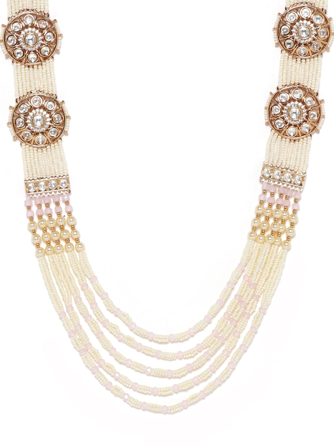 Gold toned AD & Kundan Studded cream pearl long necklace set