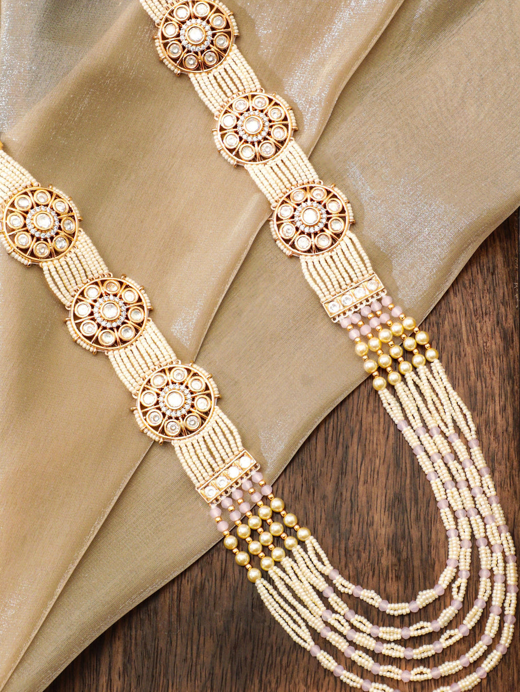Gold toned AD & Kundan Studded cream pearl long necklace set