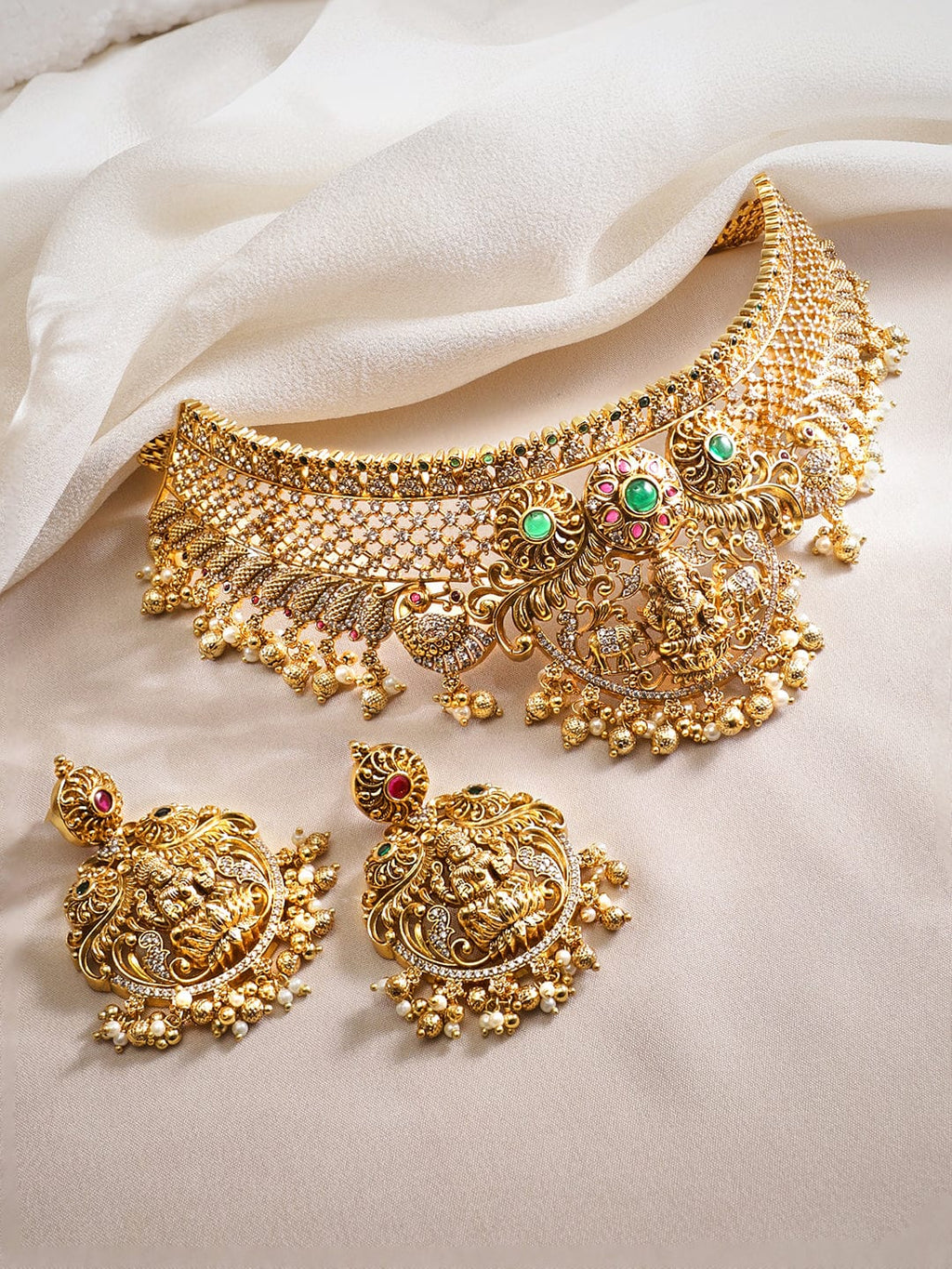 Gold plated Red & Green zirconia goddess motif Luxury Statement Temple Choker Set