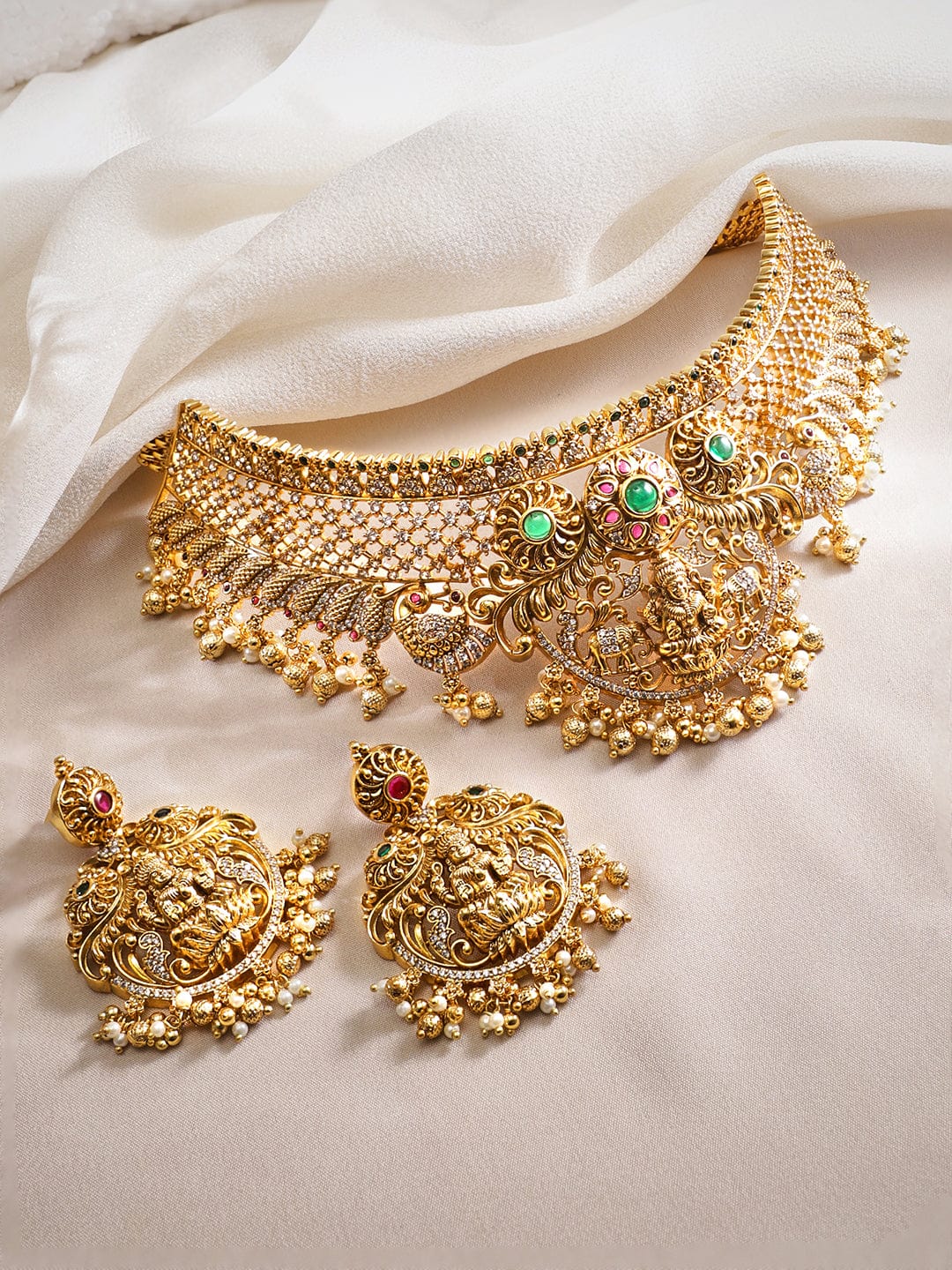 Gold plated Red & Green zirconia goddess motif Luxury Statement Temple Choker Set