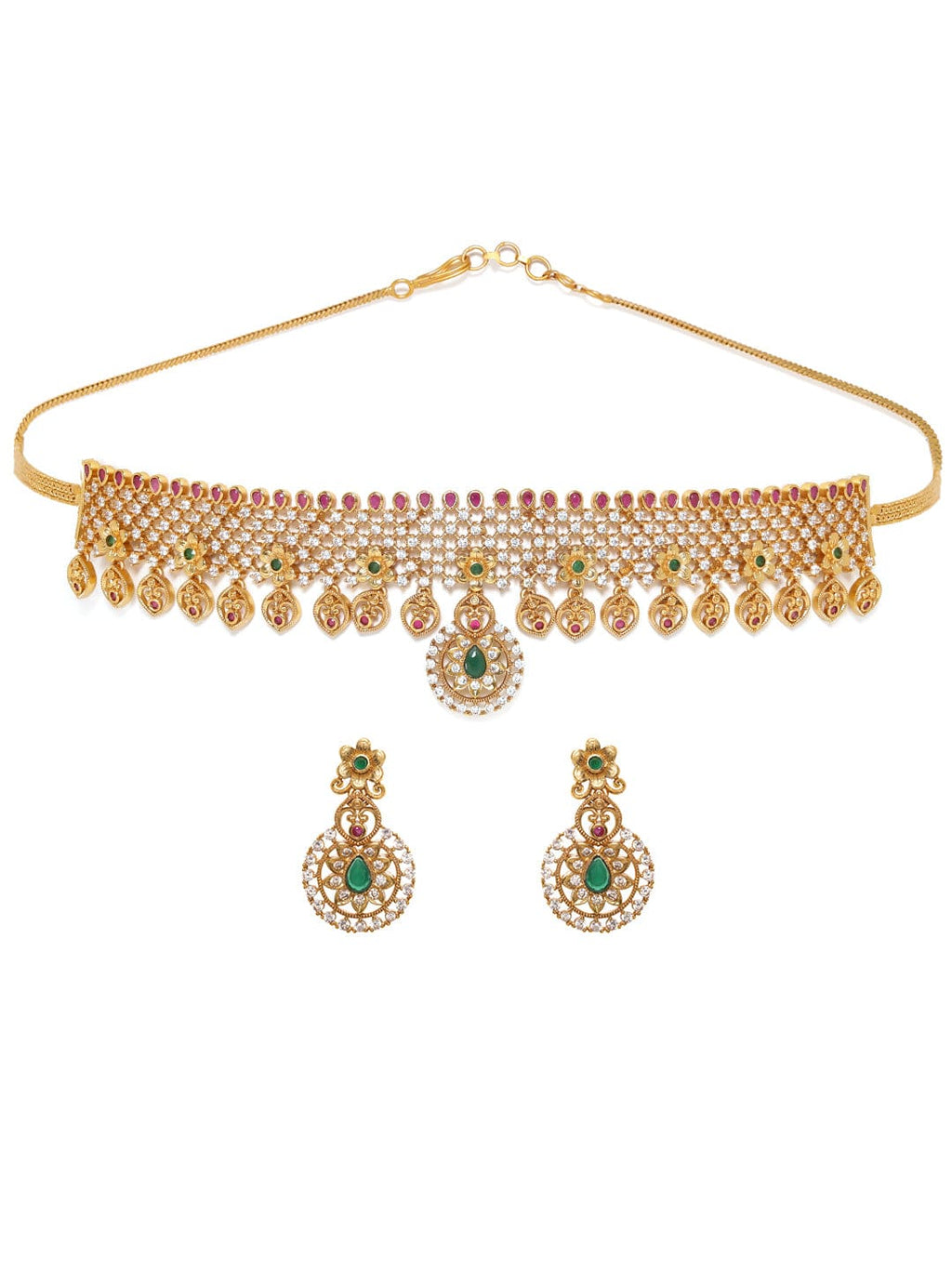 Gold plated Rubi & emerald Zirconia studded delicate dangle Luxury Temple Choker necklace set