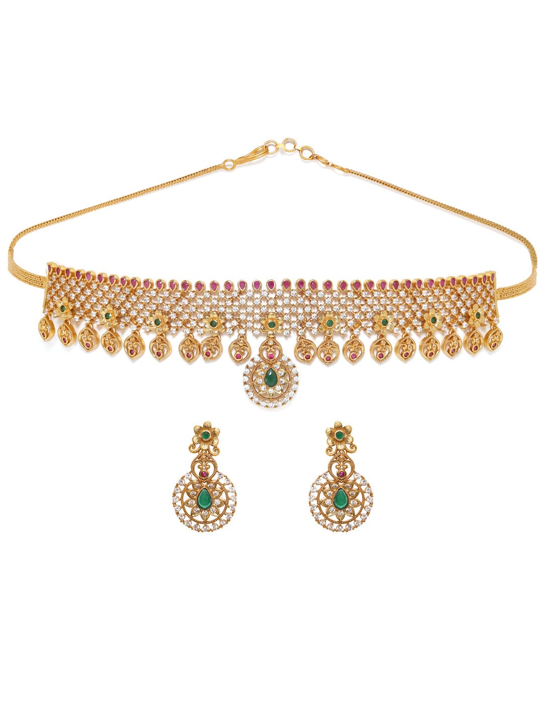 Gold plated Rubi & emerald Zirconia studded delicate dangle Luxury Temple Choker necklace set