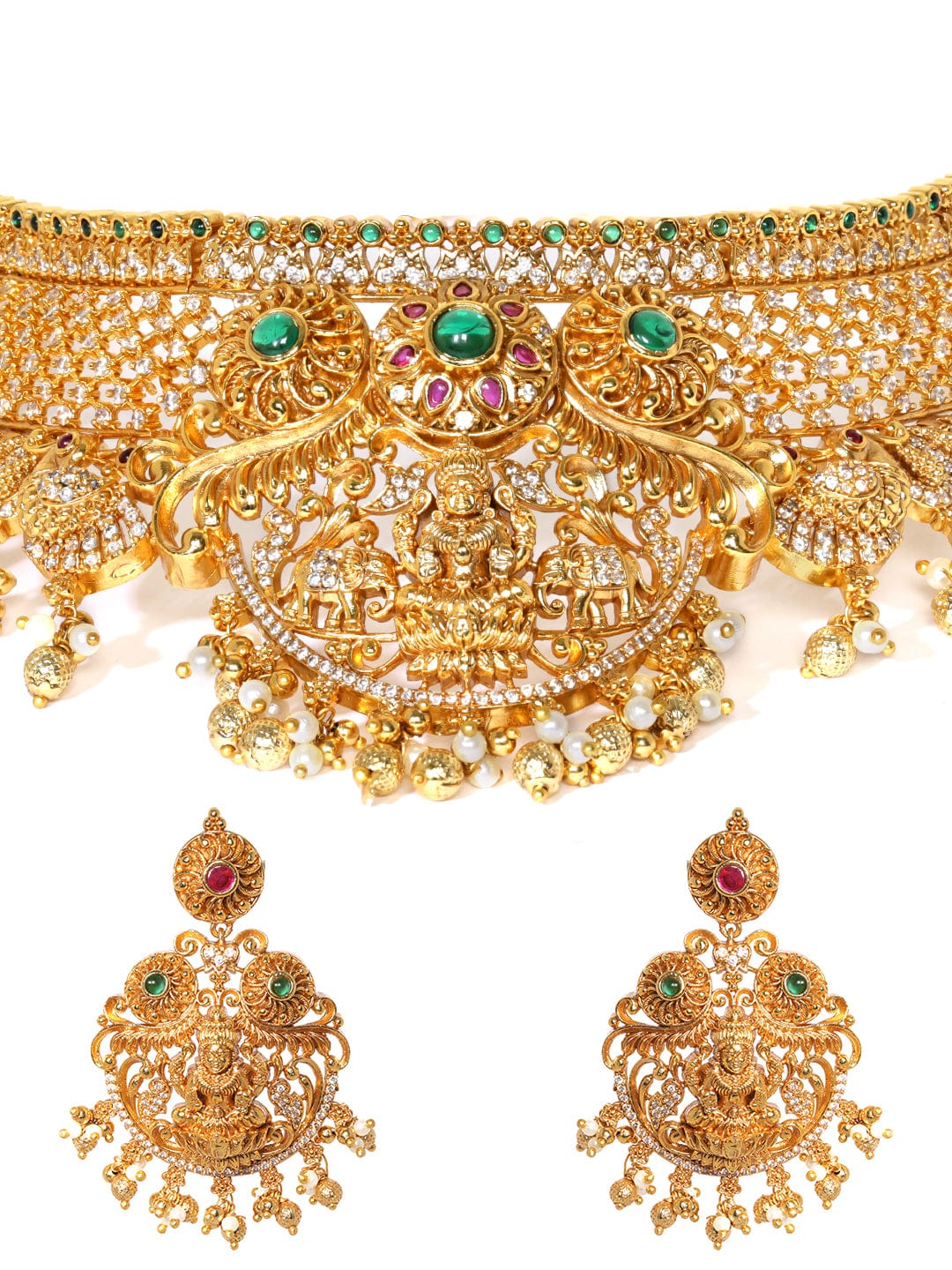 Gold plated Red & Green zirconia goddess motif Luxury Statement Temple Choker Set