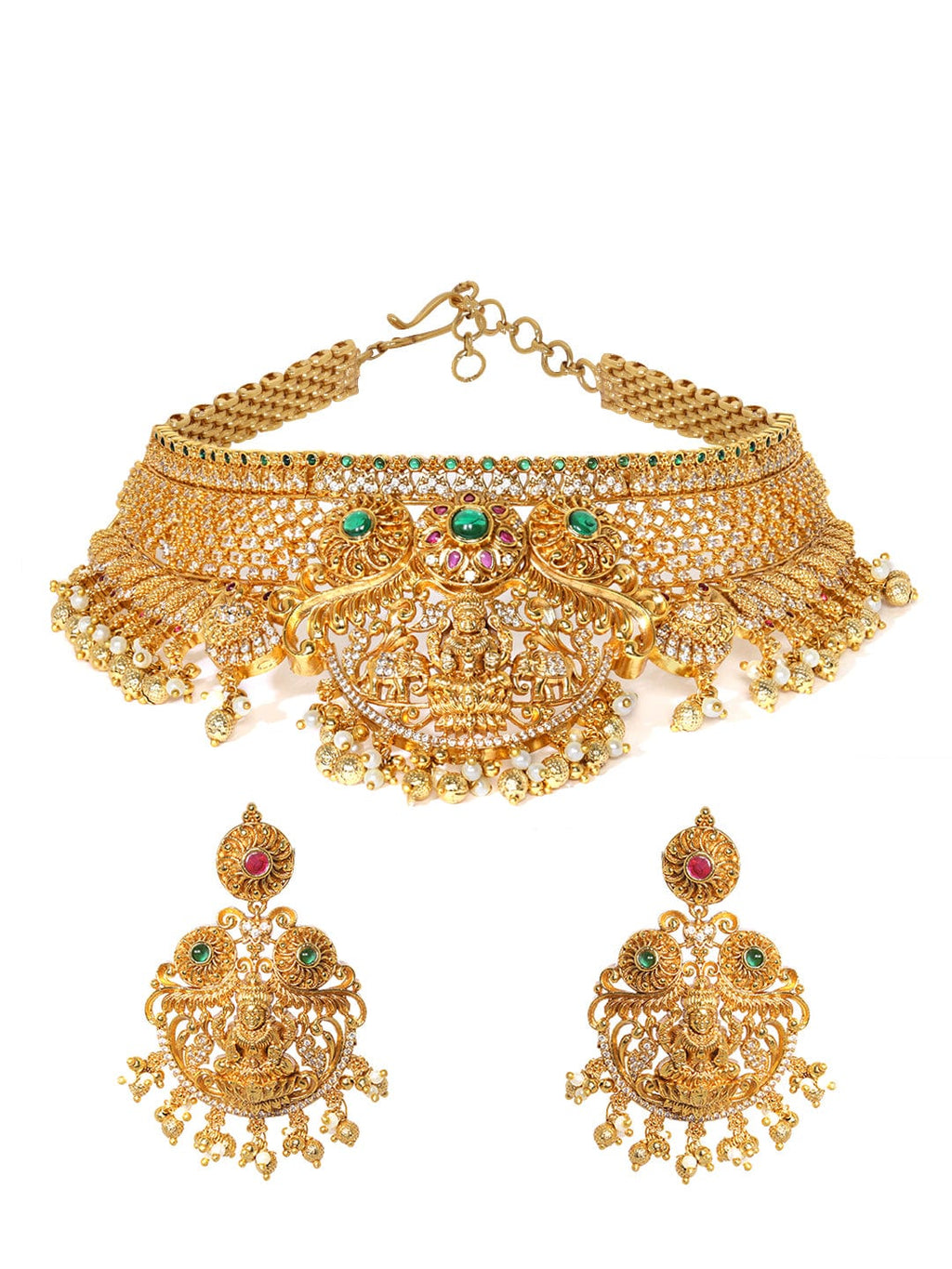 Gold plated Red & Green zirconia goddess motif Luxury Statement Temple Choker Set
