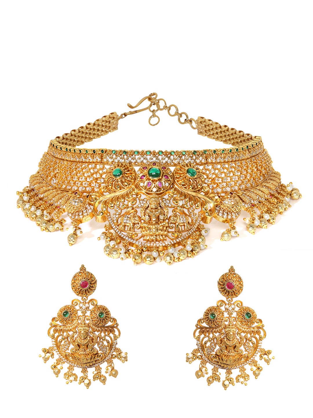 Gold plated Red & Green zirconia goddess motif Luxury Statement Temple Choker Set