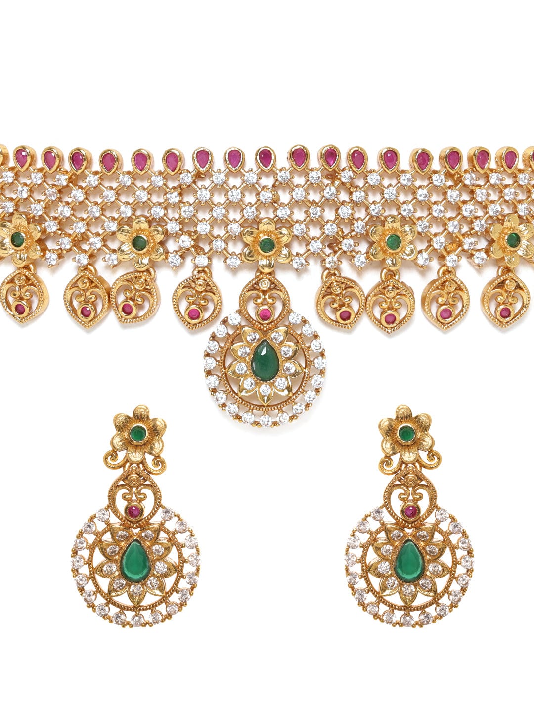 Gold plated Rubi & emerald Zirconia studded delicate dangle Luxury Temple Choker necklace set