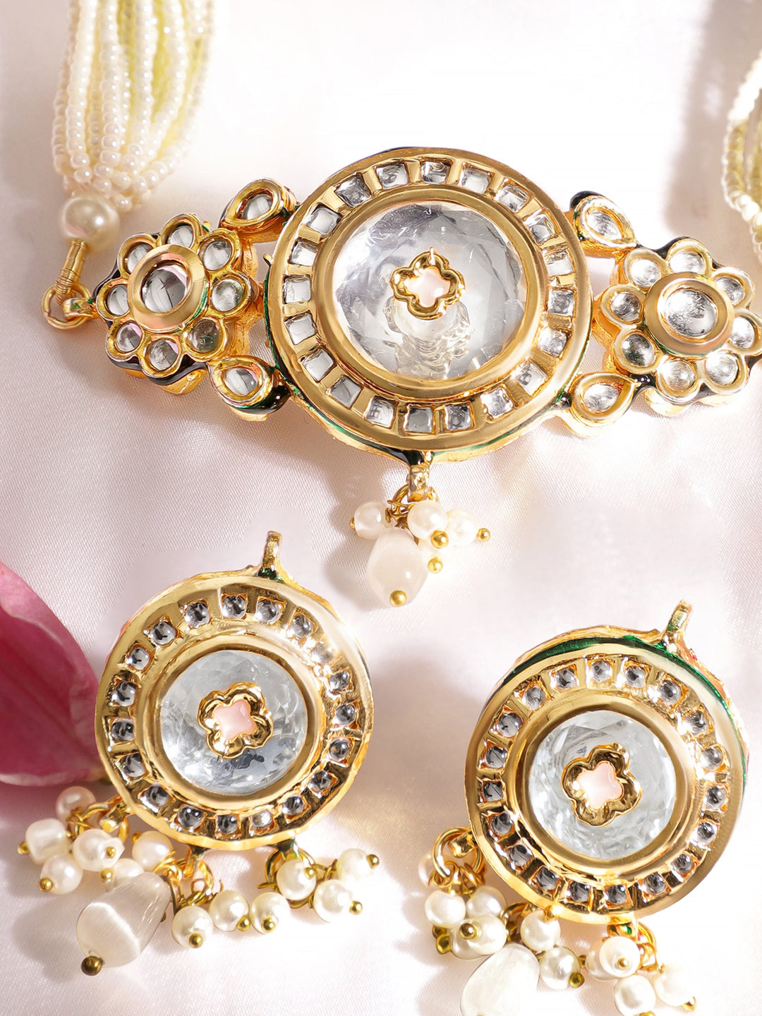 Gold plated Enamel And Kundan crystal with pearl beaded choker Necklace Set