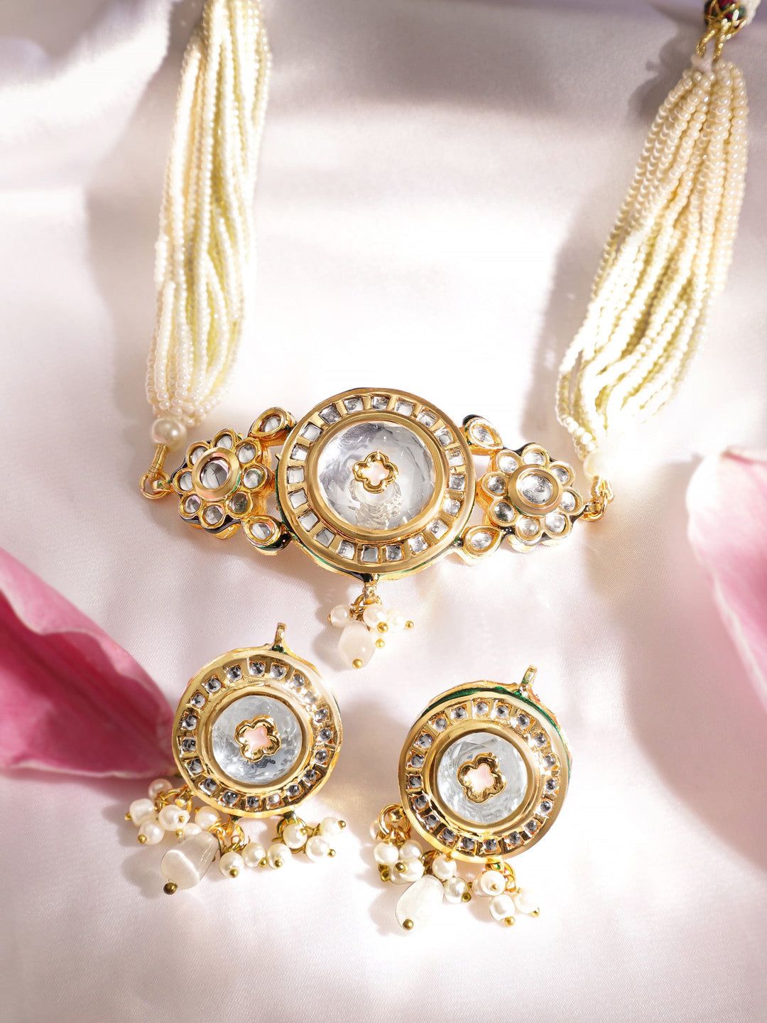 Gold plated Enamel And Kundan crystal with pearl beaded choker Necklace Set