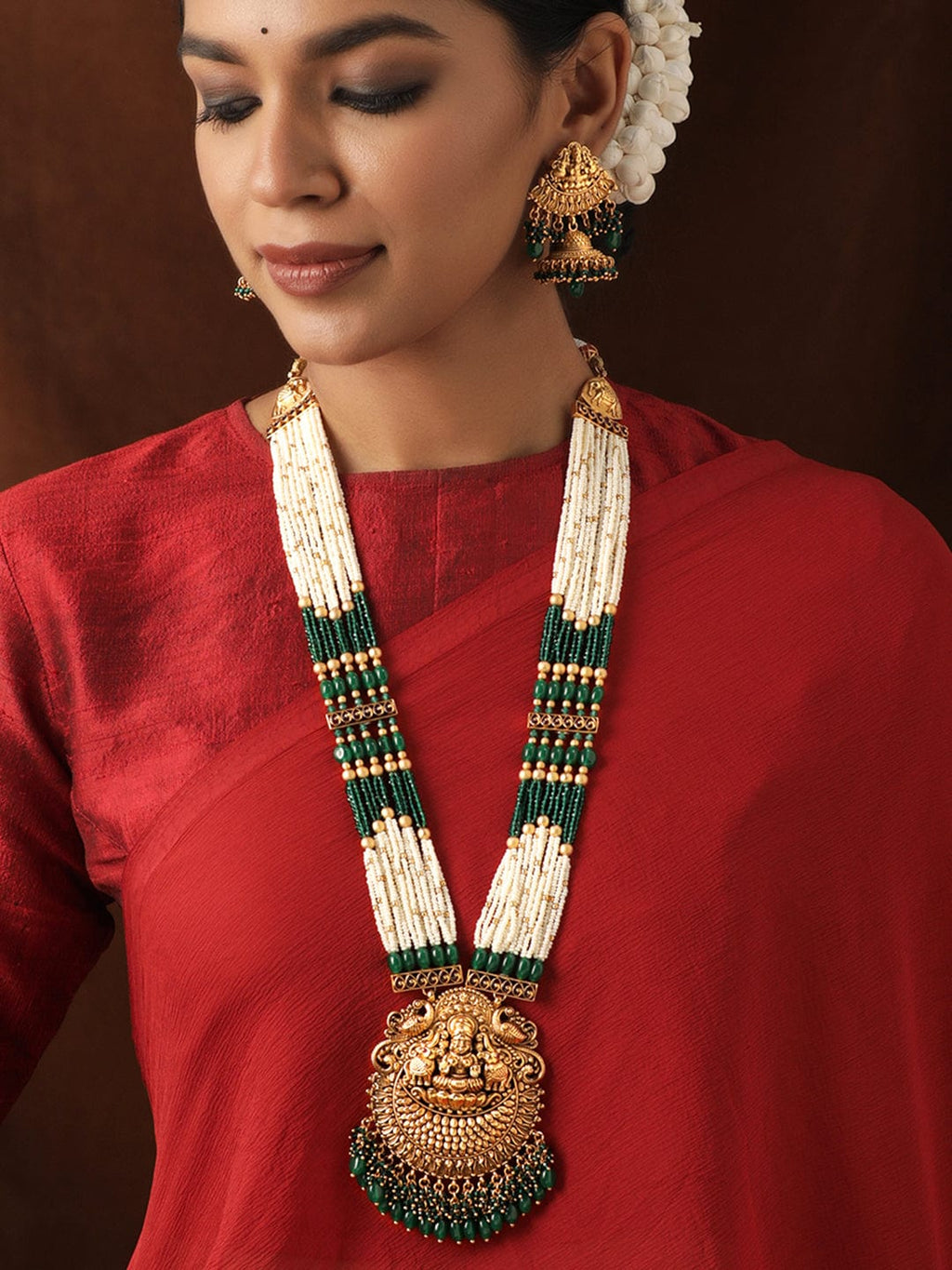 Gold plated Green & Pearl beaded handcrafted temple long necklace set