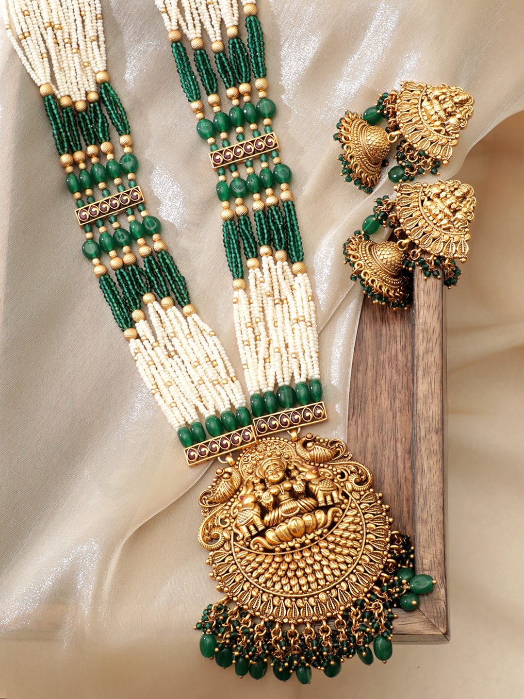 Gold plated Green & Pearl beaded handcrafted temple long necklace set