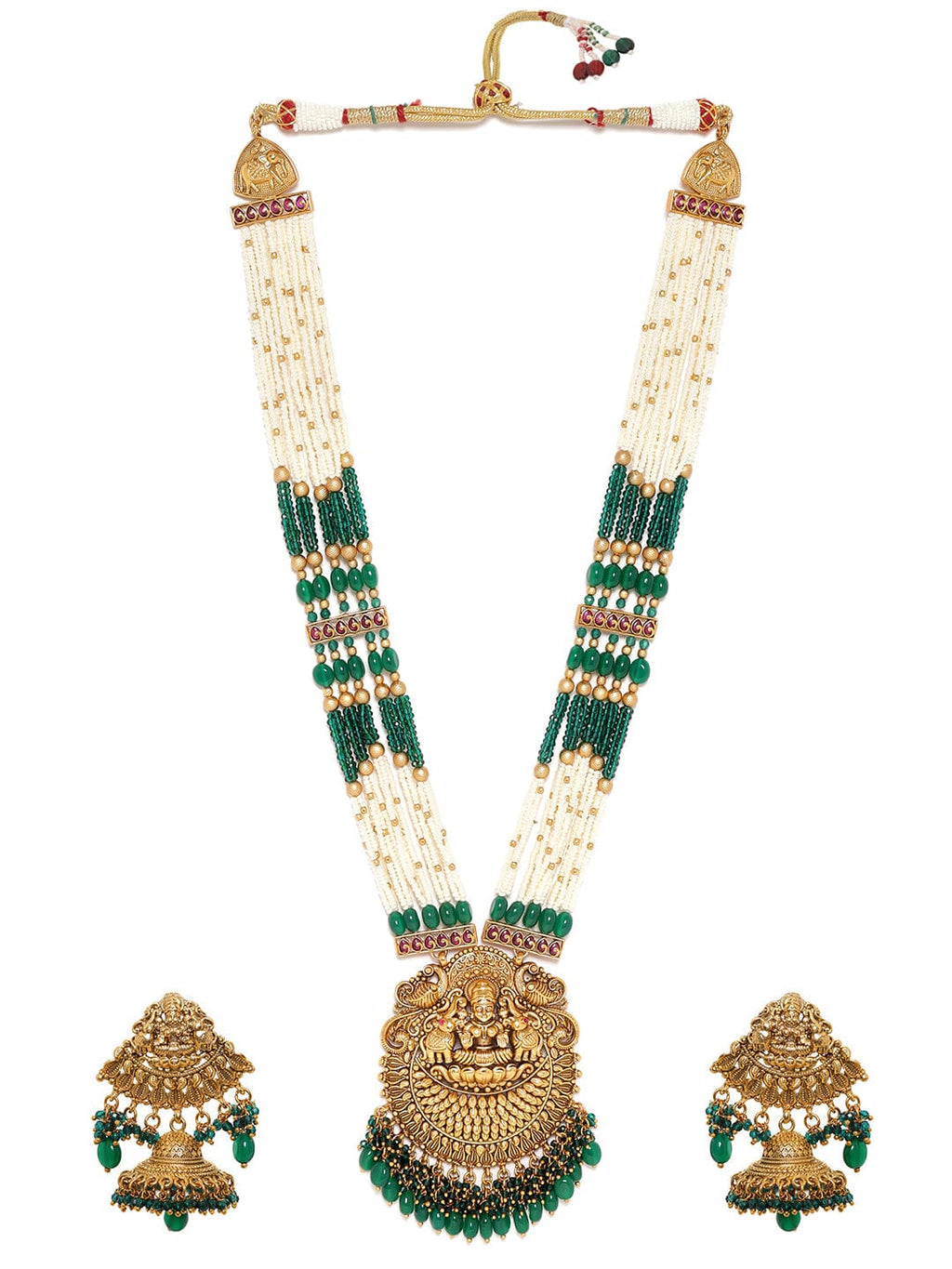 Gold plated Green & Pearl beaded handcrafted temple long necklace set