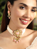 Gold plated pastel pink gemstone with kundan and pearls regal Necklace set