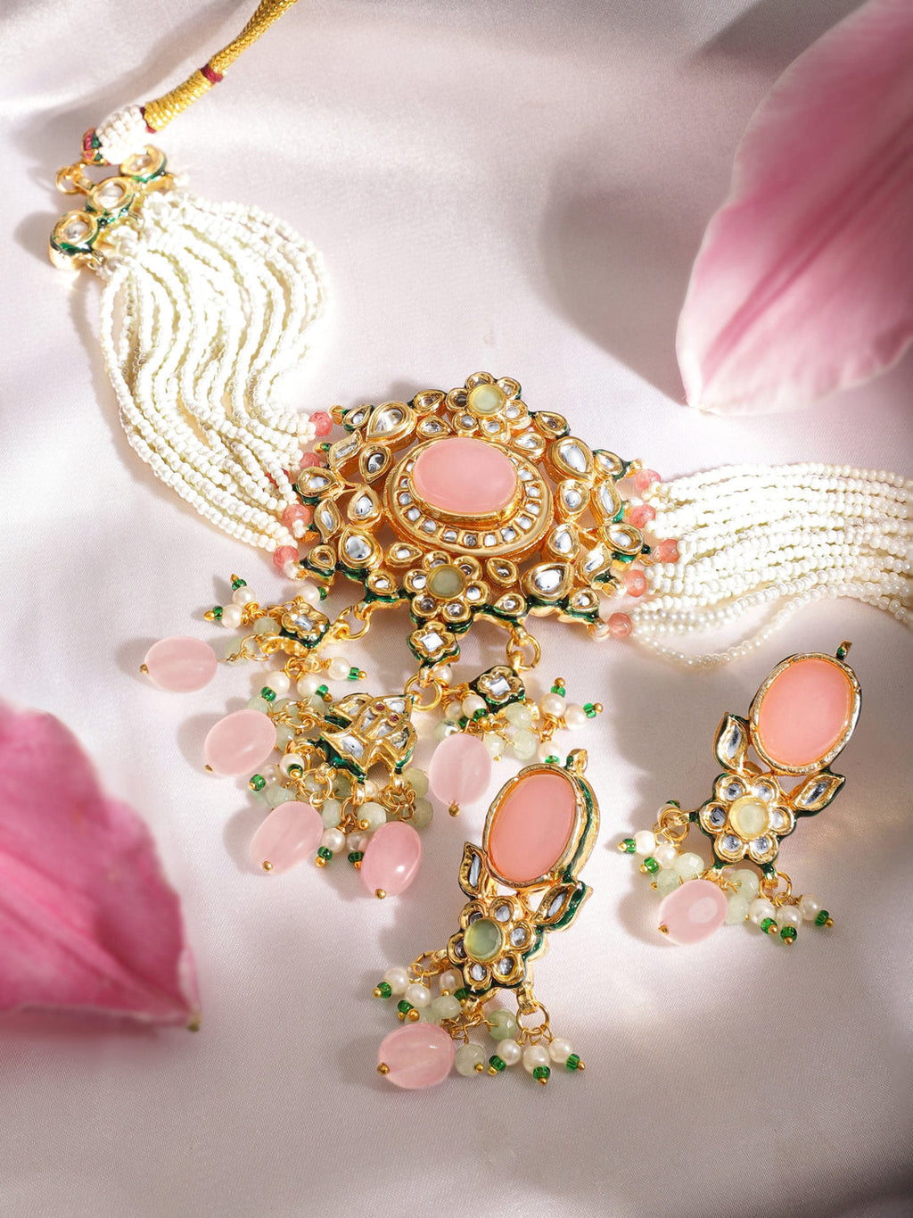 Gold plated pastel pink gemstone with kundan and pearls regal Necklace set