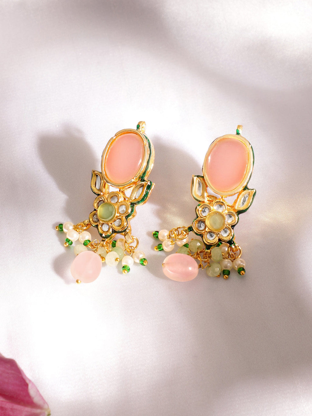 Gold plated pastel pink gemstone with kundan and pearls regal Necklace set