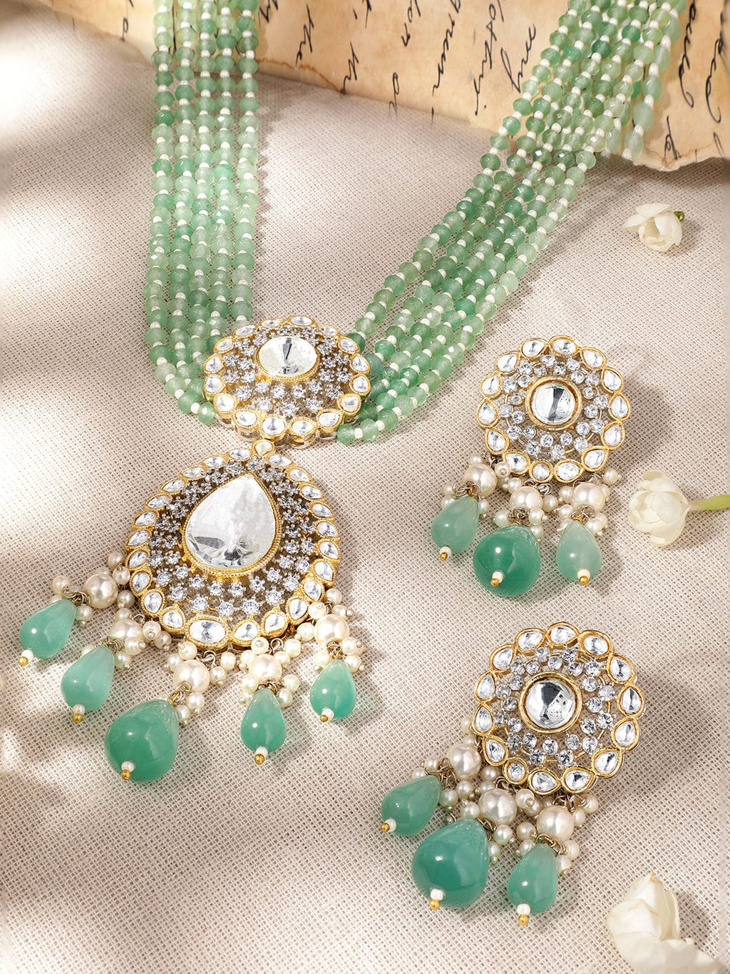 Gold plated polki studded turquoise blue beaded statement luxury necklace set