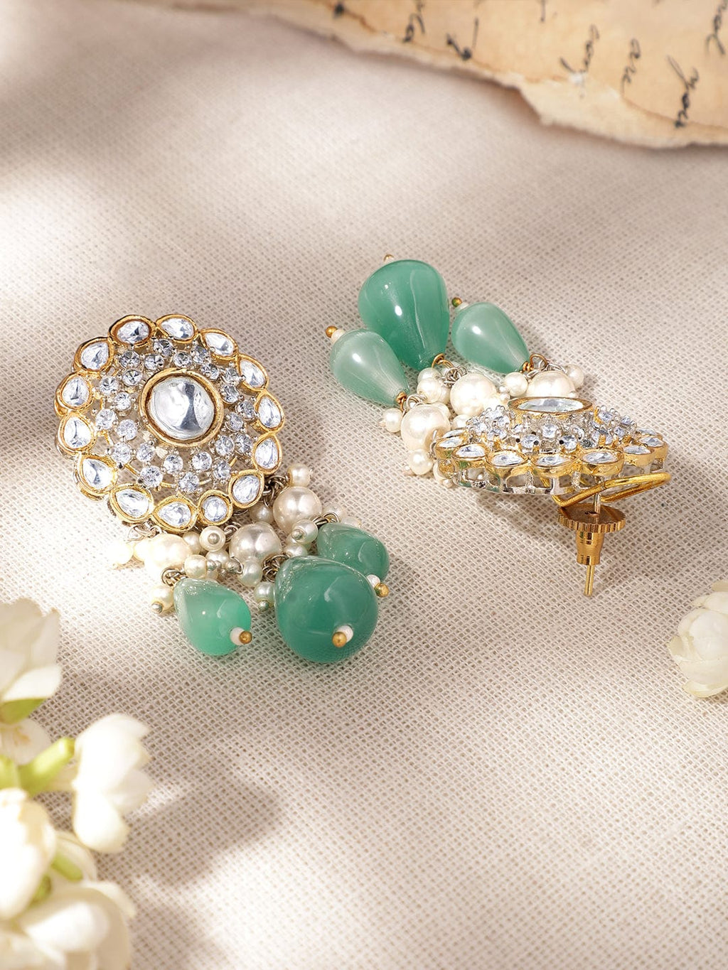 Gold plated polki studded turquoise blue beaded statement luxury necklace set