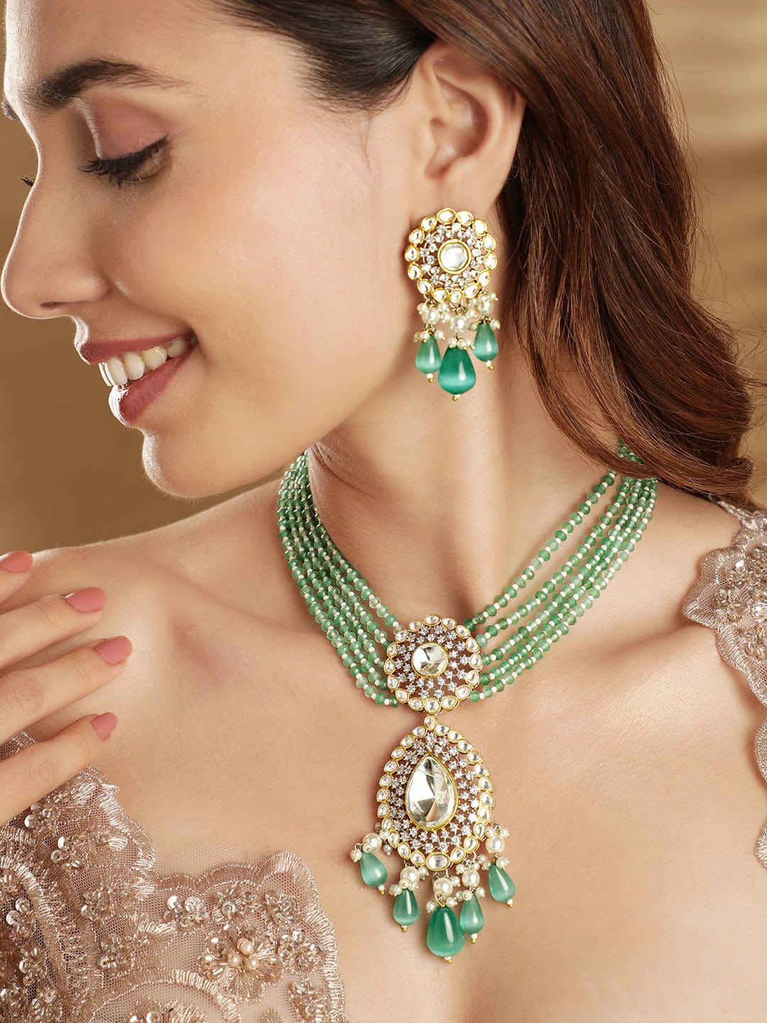 Gold plated polki studded turquoise blue beaded statement luxury necklace set