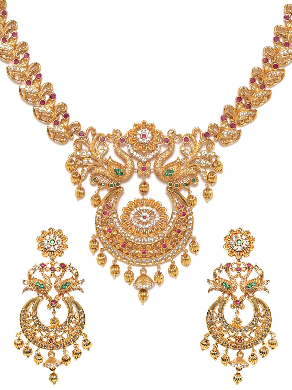 Gold plated Ruby & Emerald peacock motif Temple Handcrafted necklace set