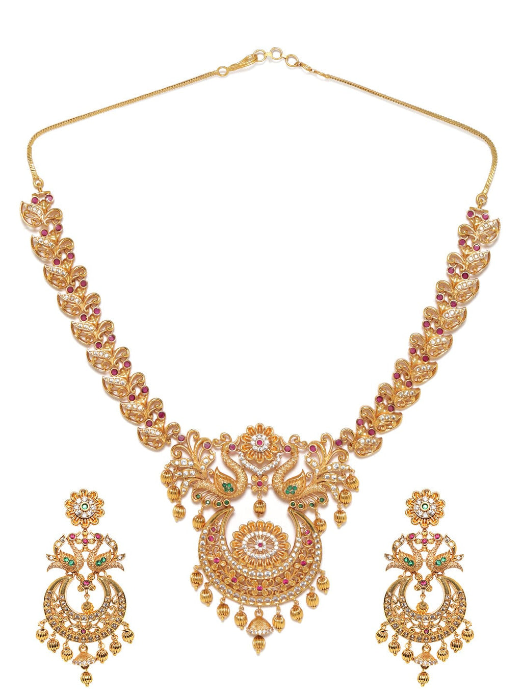 Gold plated Ruby & Emerald peacock motif Temple Handcrafted necklace set