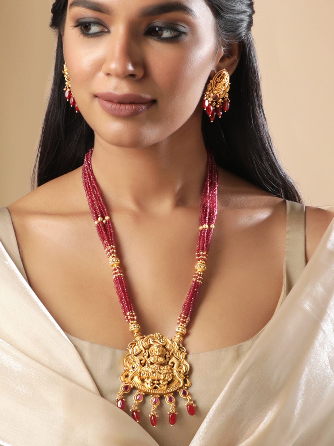 Gold plated Striking Ruby Red Beaded handcrafted Temple Necklace Set