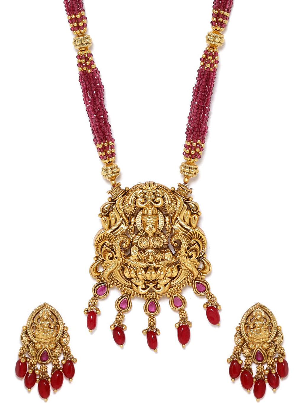 Gold plated Striking Ruby Red Beaded handcrafted Temple Necklace Set