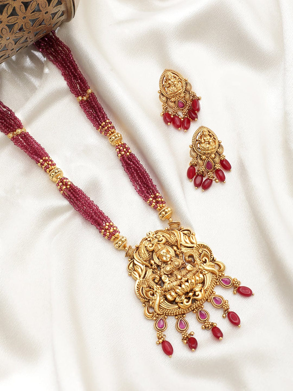 Gold plated Striking Ruby Red Beaded handcrafted Temple Necklace Set