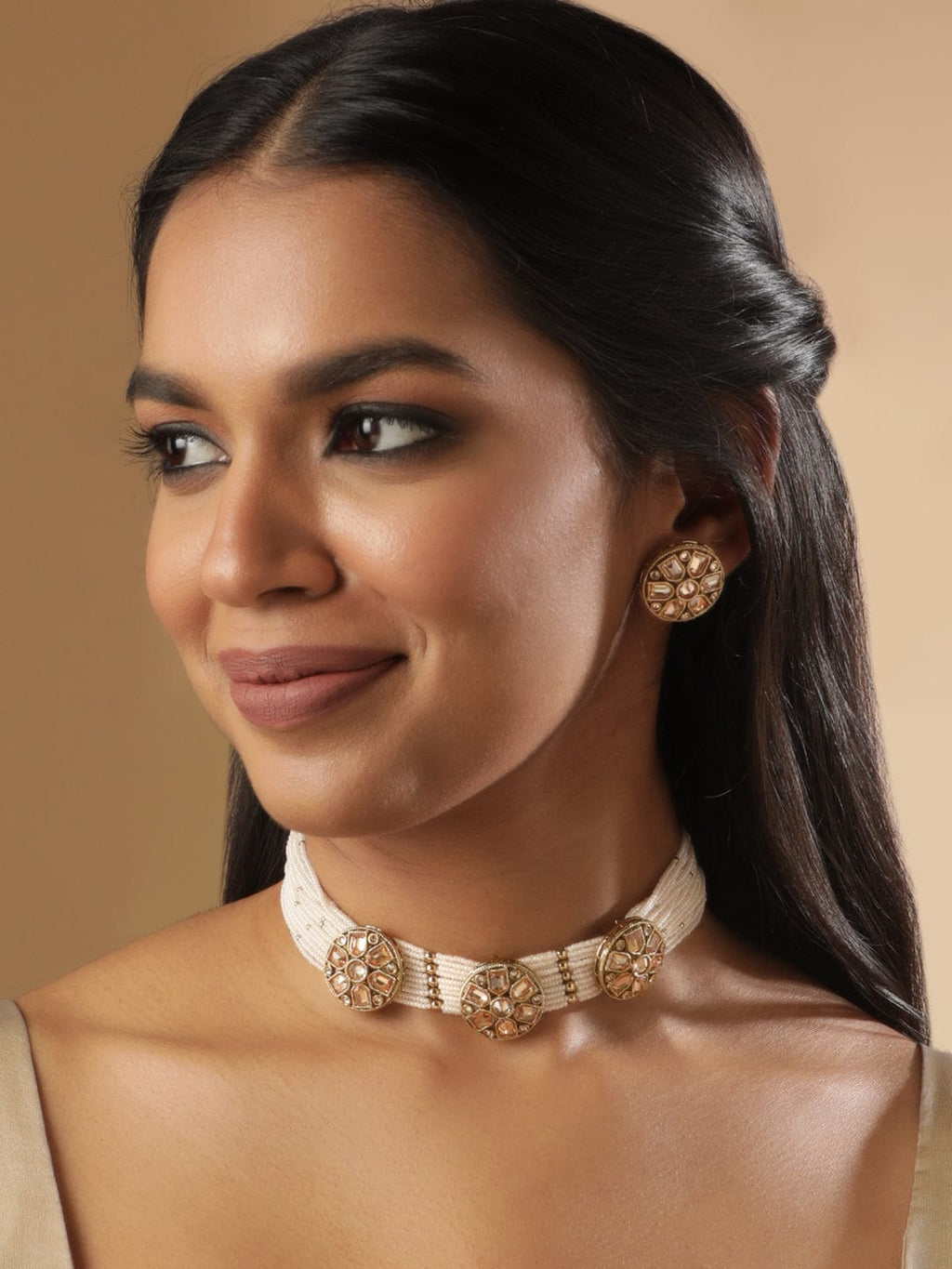 Mehndi Gold Plated Dazzling Reverse AD Cream Pearl Beaded Choker necklace set
