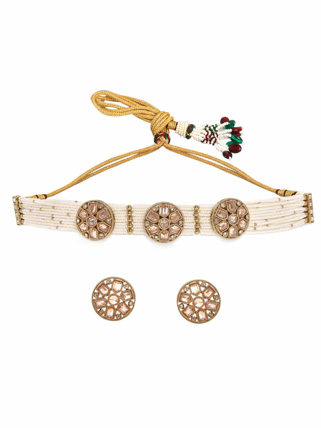 Mehndi Gold Plated Dazzling Reverse AD Cream Pearl Beaded Choker necklace set