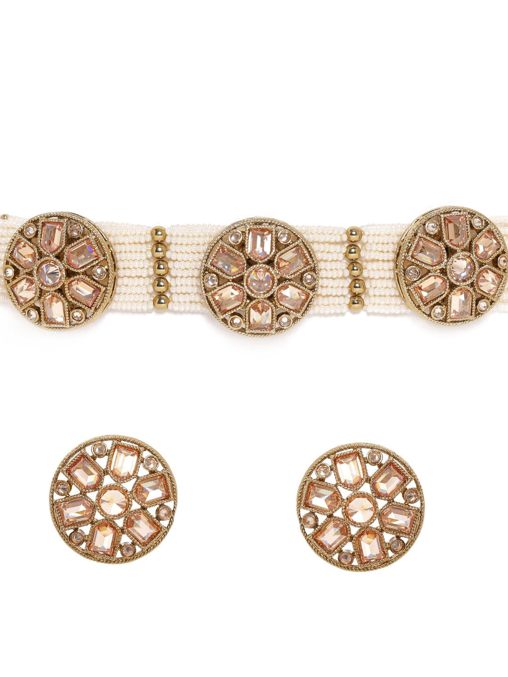 Mehndi Gold Plated Dazzling Reverse AD Cream Pearl Beaded Choker necklace set