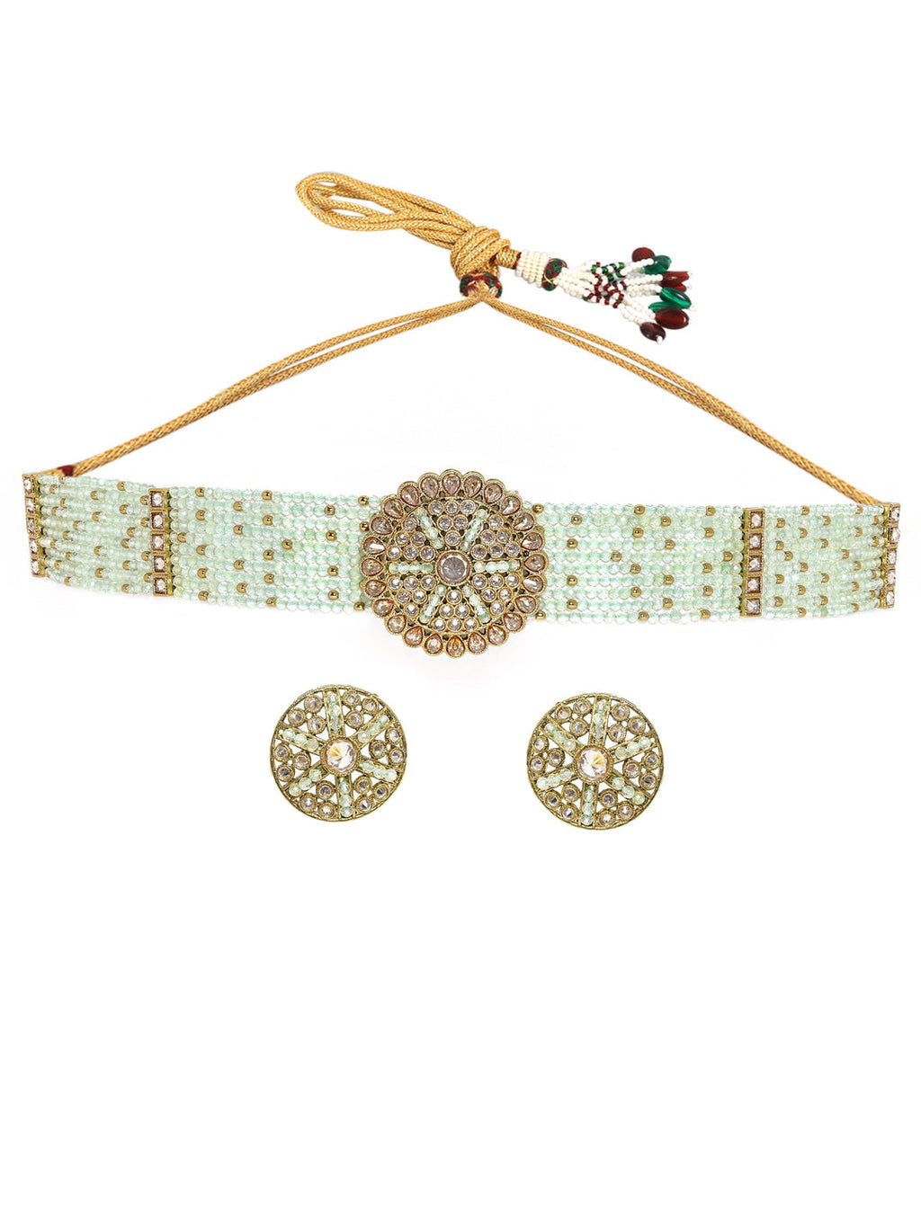 mehndi Gold plated Dazzling Reverse AD Mint blue beaded Choker Set