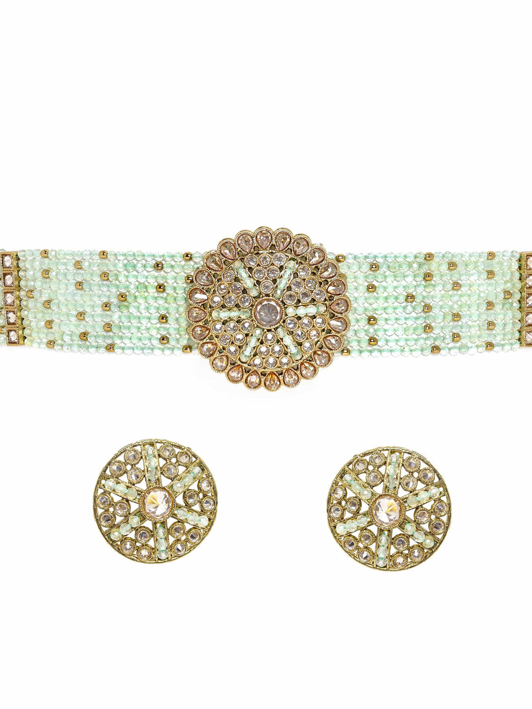 mehndi Gold plated Dazzling Reverse AD Mint blue beaded Choker Set