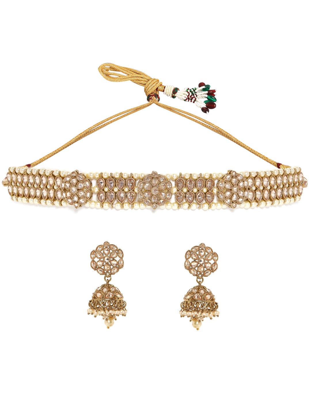 Mehndi Gold Plated Dazzling Reverse AD Pearl Beaded Choker Set