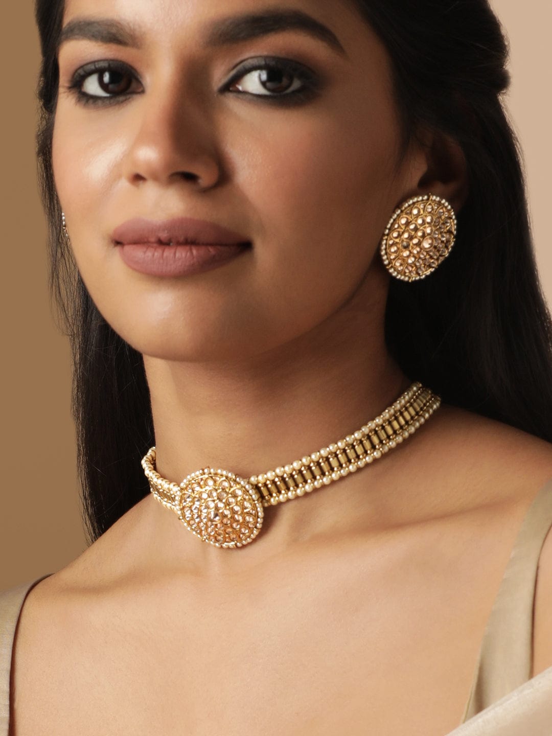 Mehndi Gold plated glistening Reverse AD Studded pearl beaded Choker Set