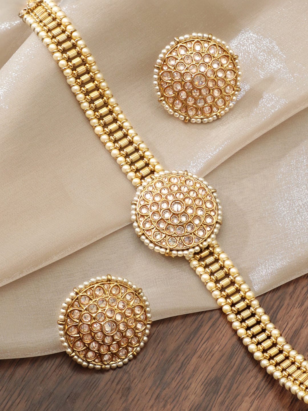 Mehndi Gold plated glistening Reverse AD Studded pearl beaded Choker Set