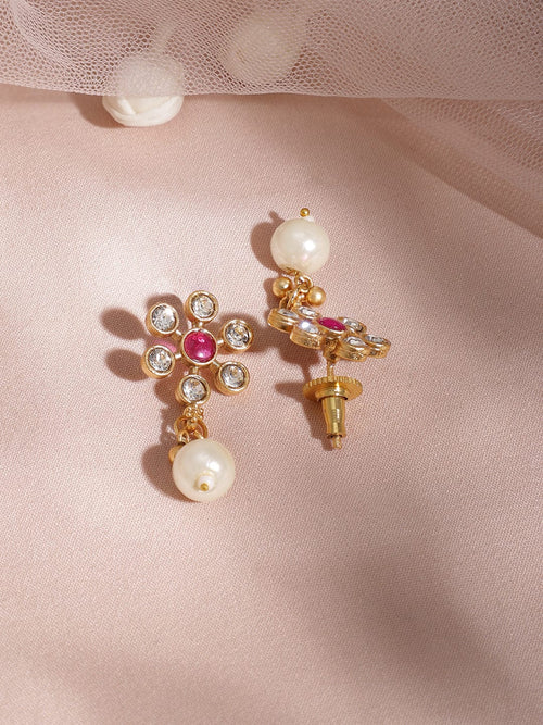 Gold Plated Brass Metal Ruby Studded White Beaded Floral Necklace Set