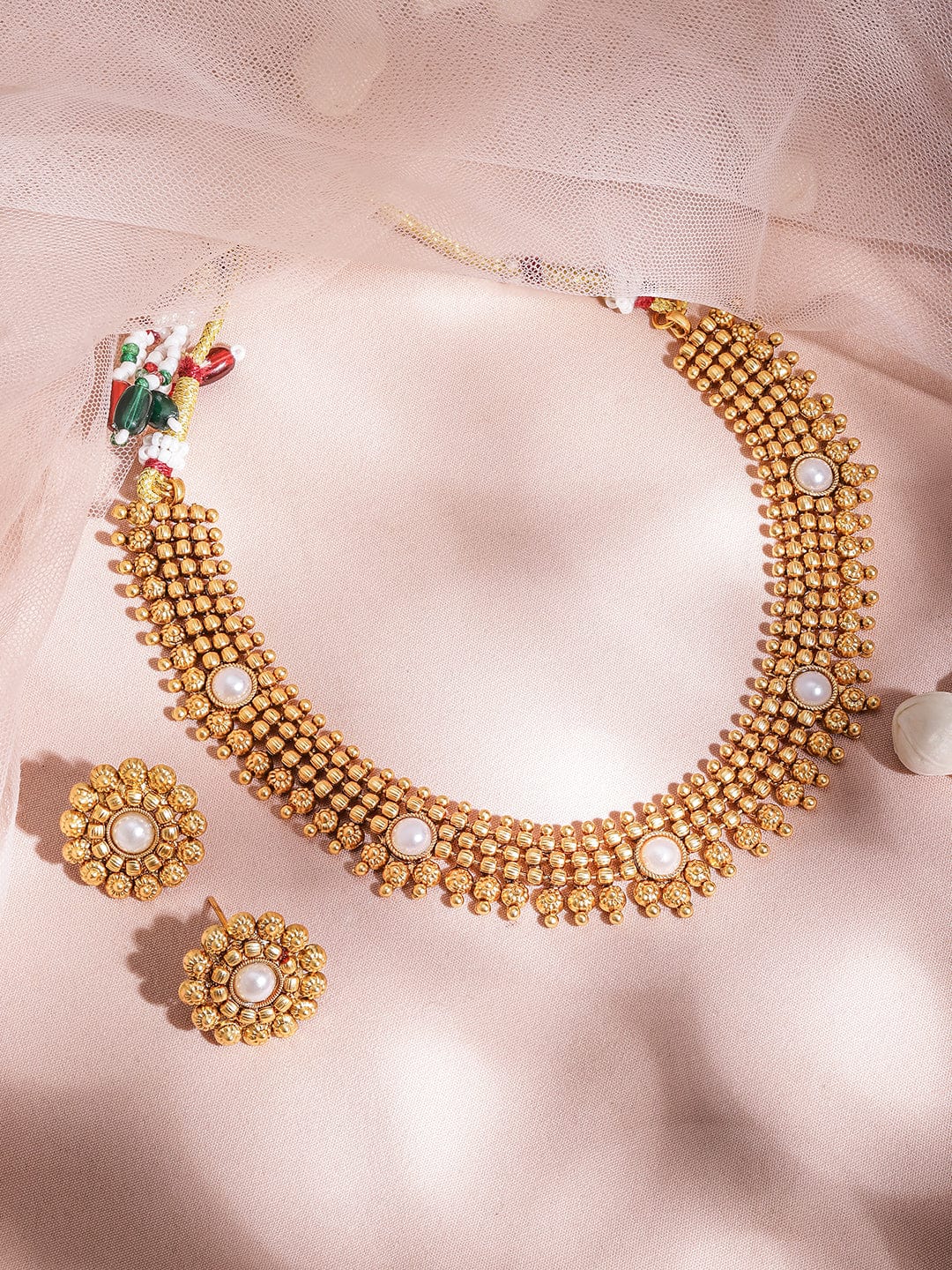 Gold Plated Brass White Stone Studded Necklace Set