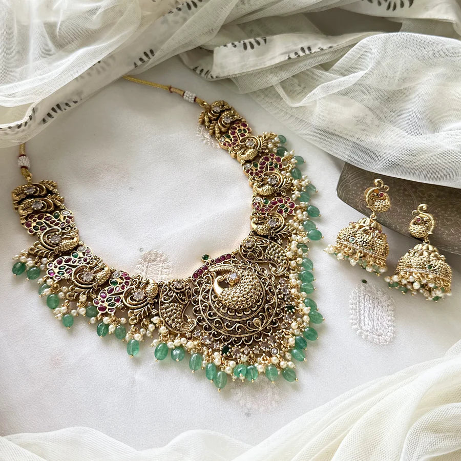 Bridal Kemp Peacock Paisley Green beads short set