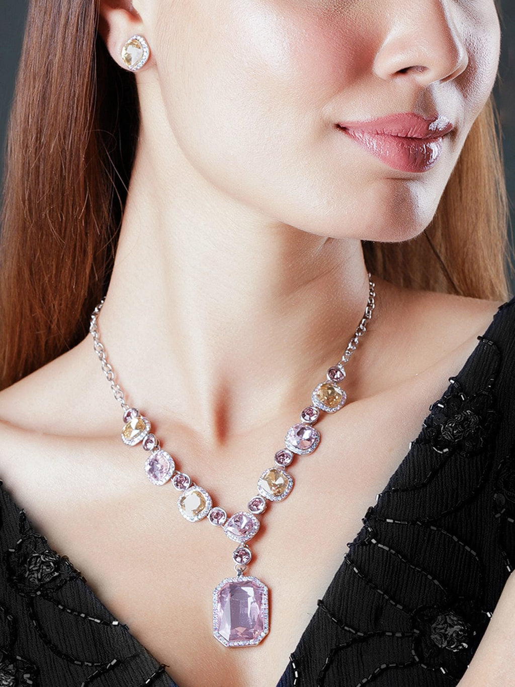 Rhodium-Plated Royal Kaleidoscopic Zirconia Embellished Cherry Blossom Necklace set