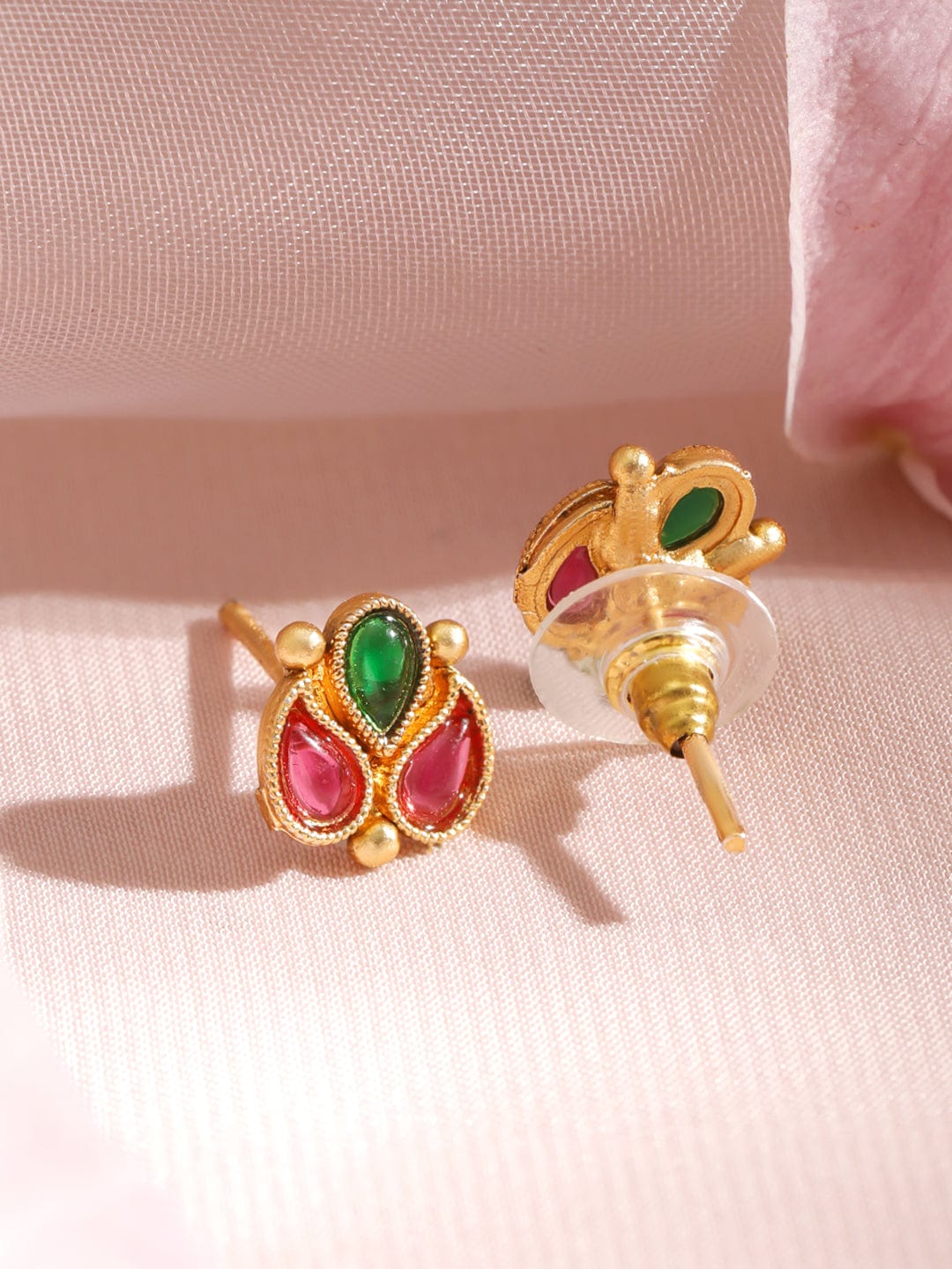 Gold Plated Traditional Temple Necklace Set with Ruby & Emerald Stone Studded Golden Beads