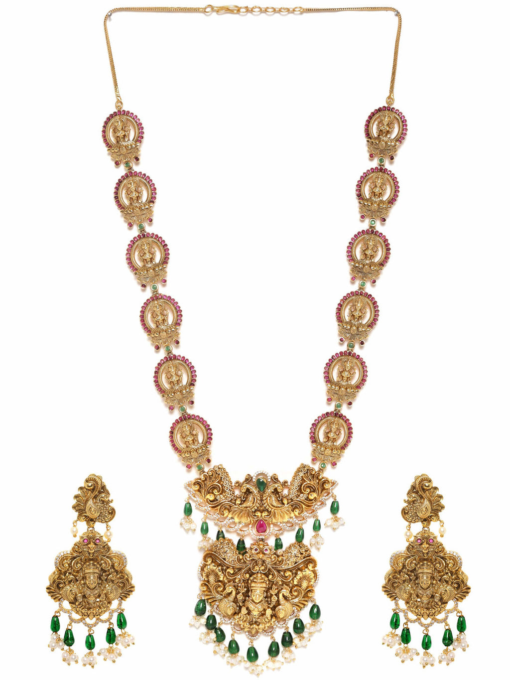 Gold plated Kemp Red & Green Stone, Handcrafted Pearl beaded Temple Necklace Set