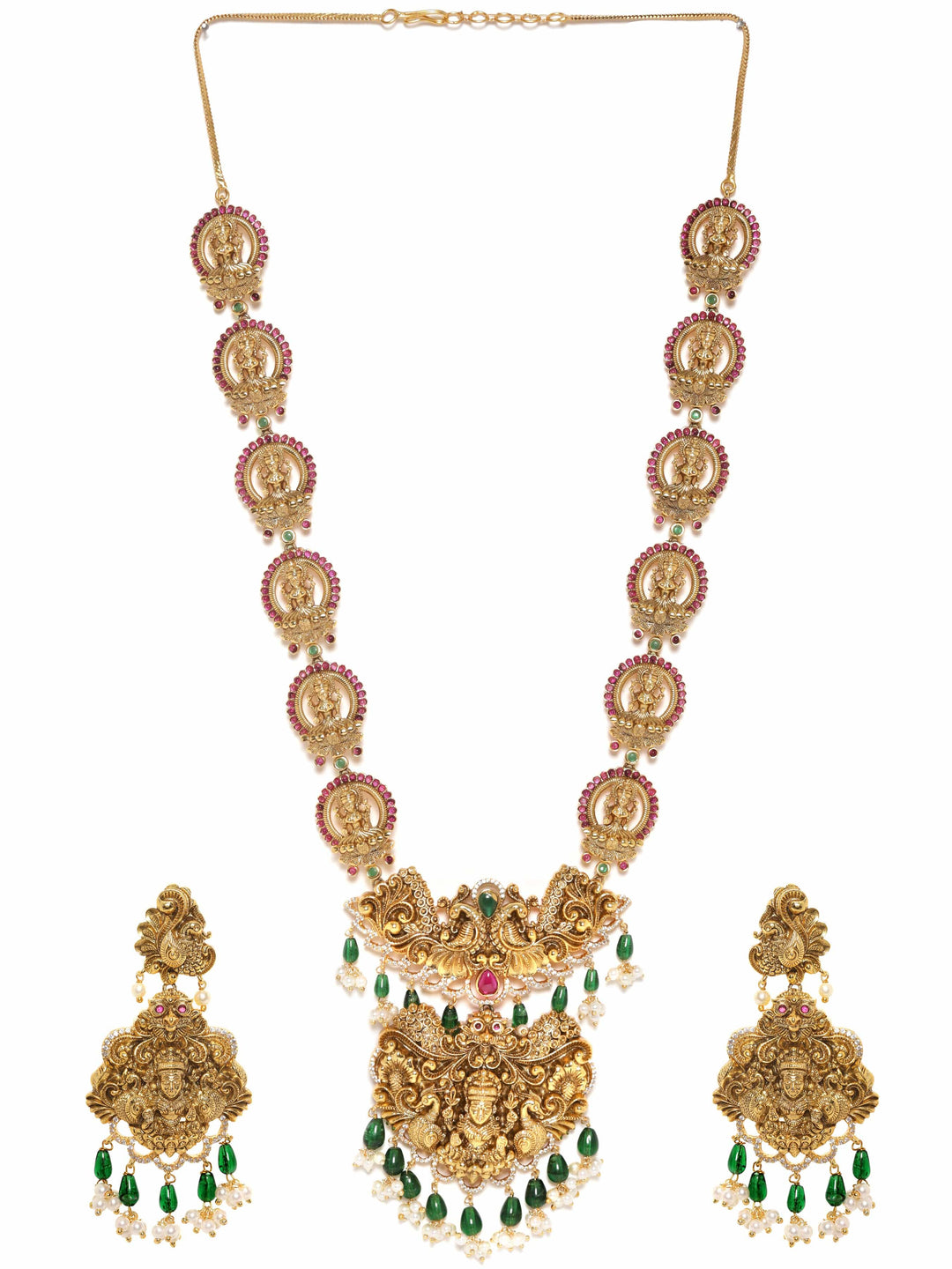 Gold plated Kemp Red & Green Stone, Handcrafted Pearl beaded Temple Necklace Set