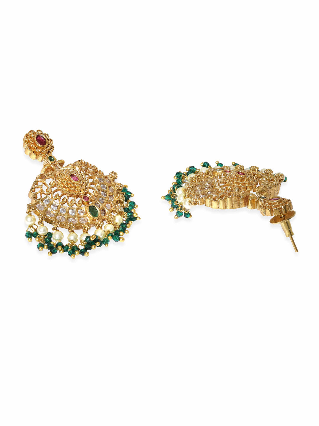 Gold-Plated Peacock Motif Kemp & Zirconia Crystal Studded Pearl Beaded Handcrafted Necklace Set