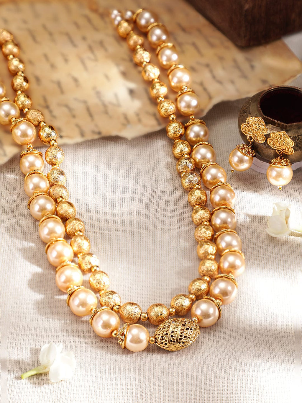 Traditional Handmade Pearl And Antique Gold Beads Strand Multilayer Necklace Set