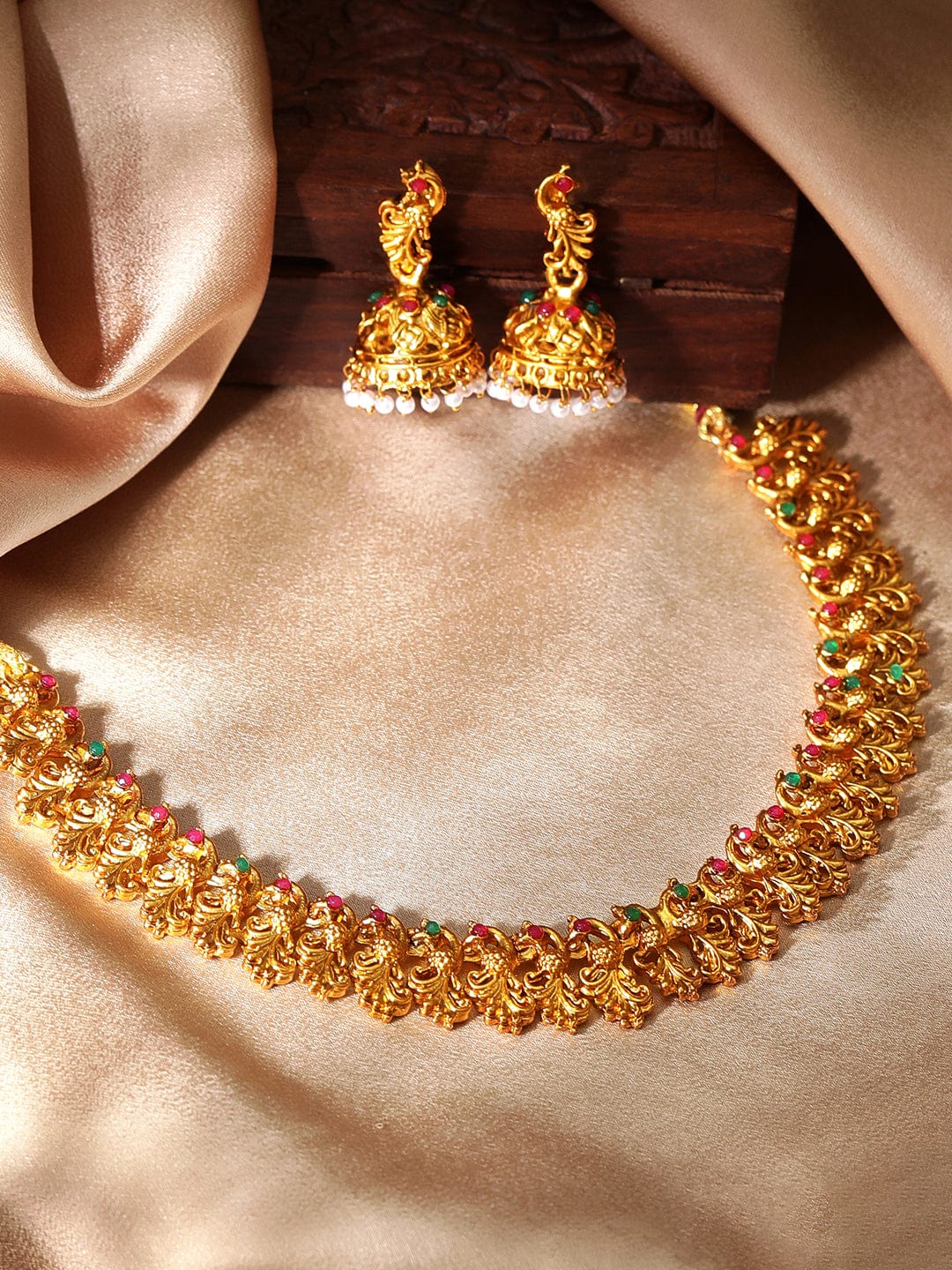 Gold-Plated Red & Green Stone Studded Handcrafted Traditional Temple Jewellery Set