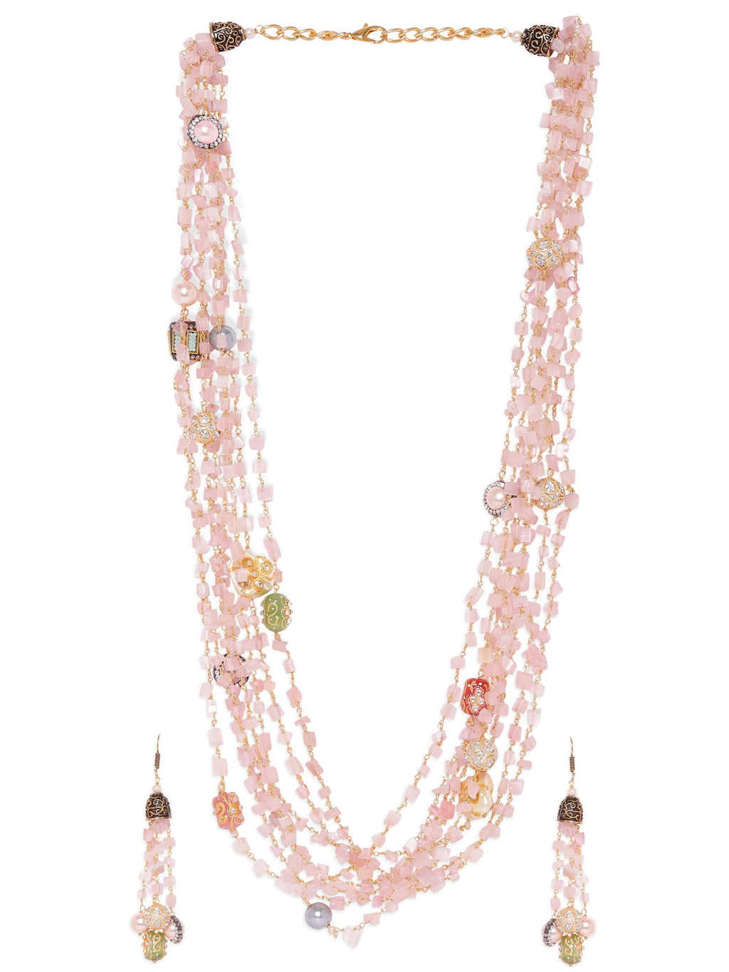 Gold plated Rose Quartz Semi precious Gem Beaded Zirconia studded Multilayer Statement Necklace Set