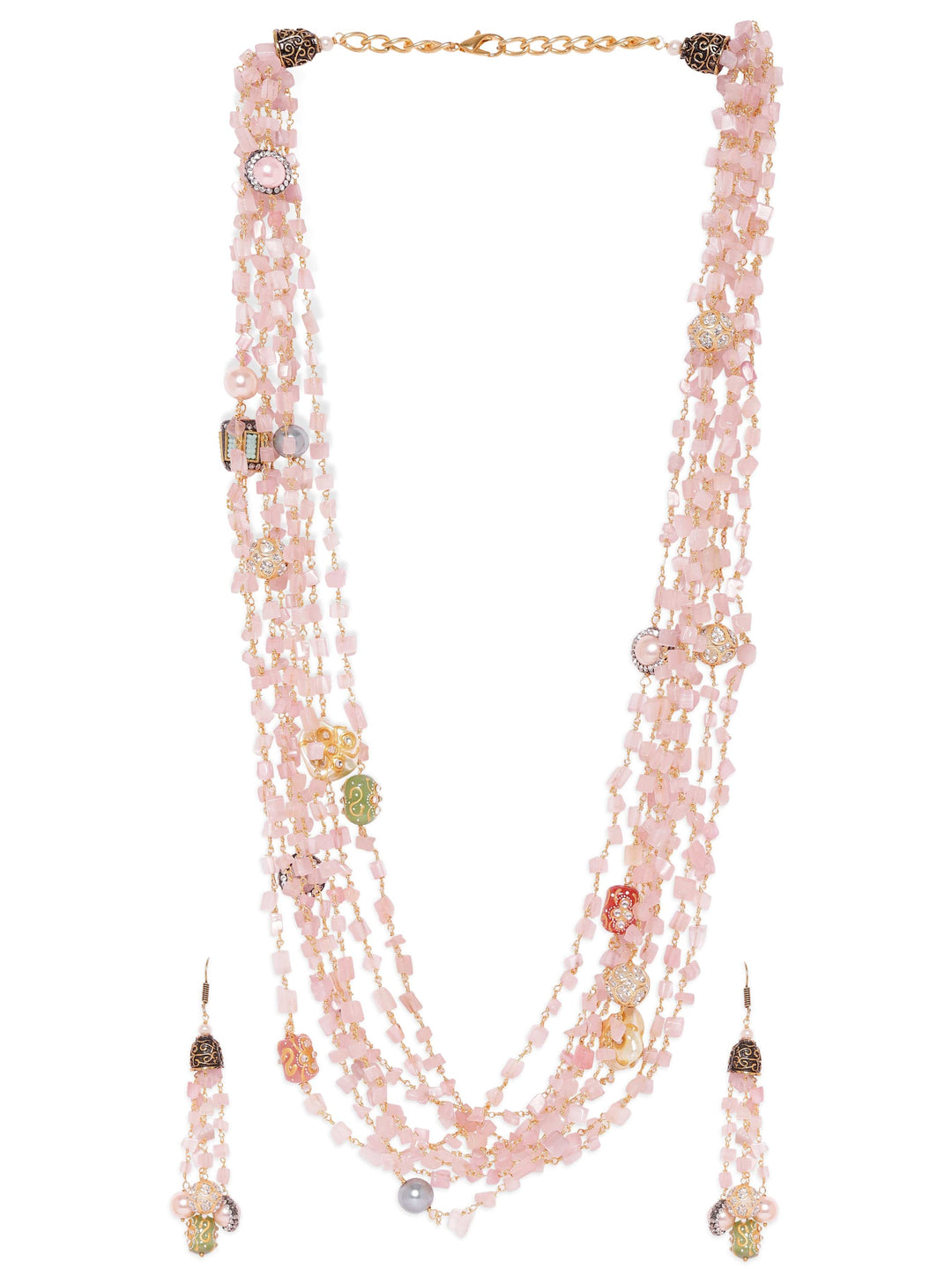 Gold plated Rose Quartz Semi precious Gem Beaded Zirconia studded Multilayer Statement Necklace Set