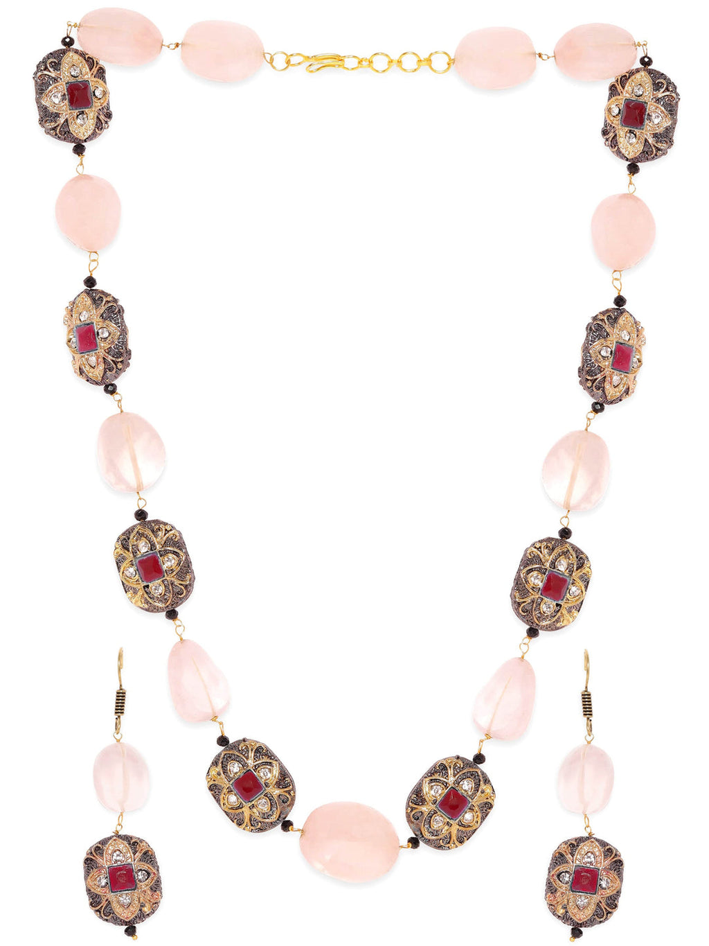 Gold plated Semi precious Gem Rose Quartz Beaded Zirconia studded Victorian Statement Necklace Set